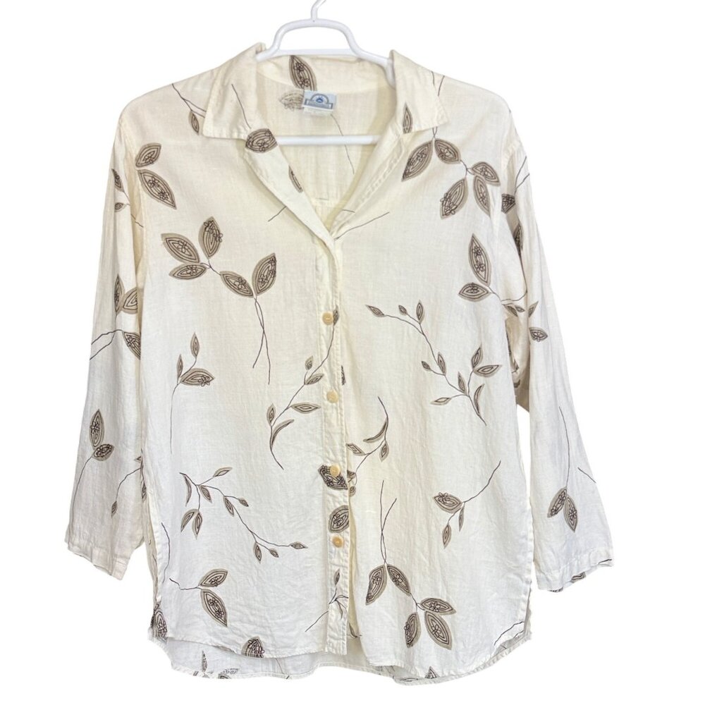 Mill Valley Button Down Womens L White Linen Leaf Print Collar USA